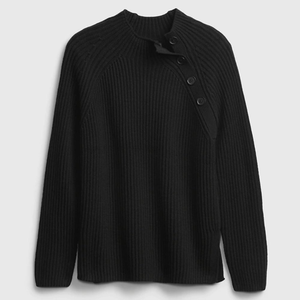 Gap Women Black Asymmetrical Button Mockneck Raglan Sweater